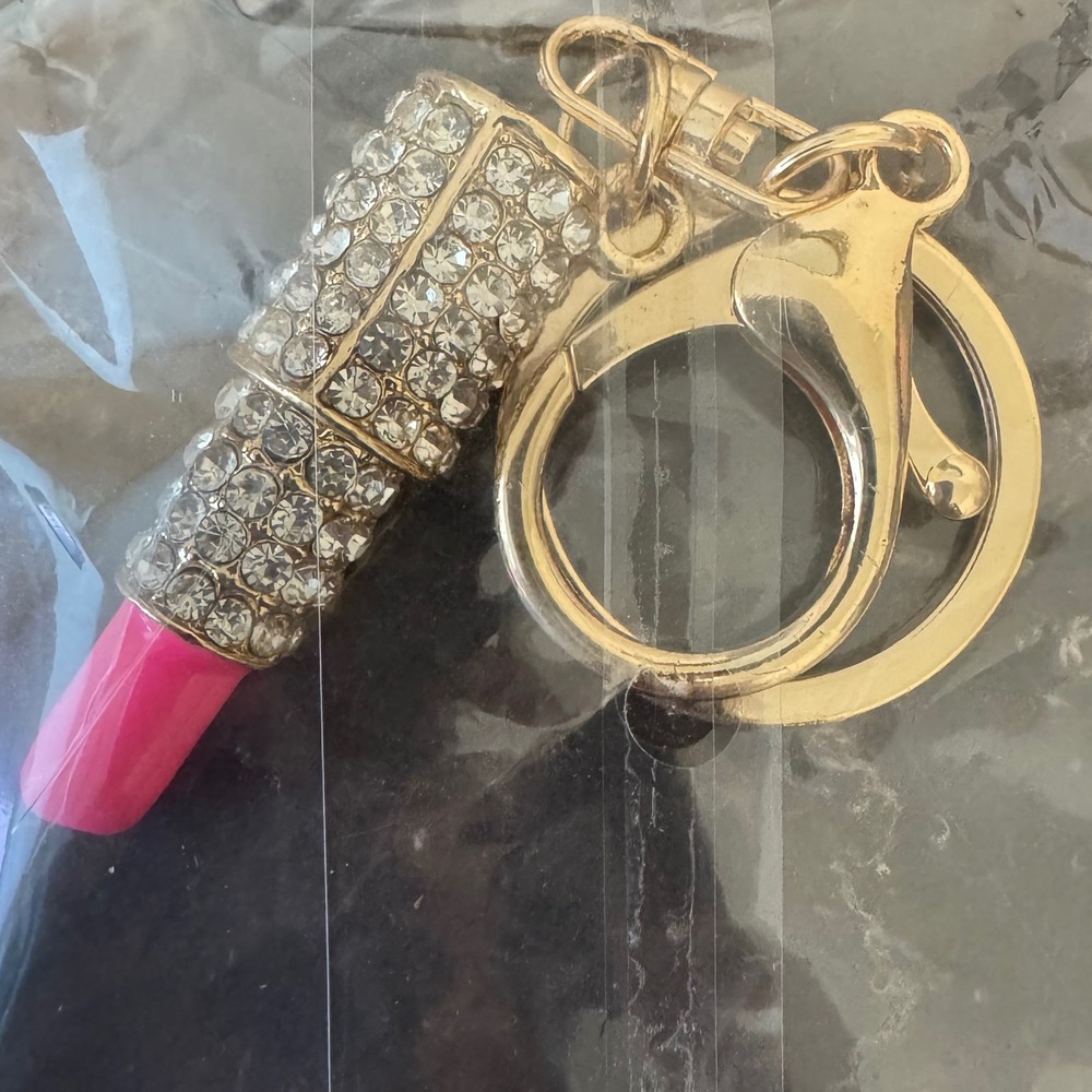 Lipstick Keychain Purse Charm Gold Tone Pink Enamel Rhinestone Crystal Bling